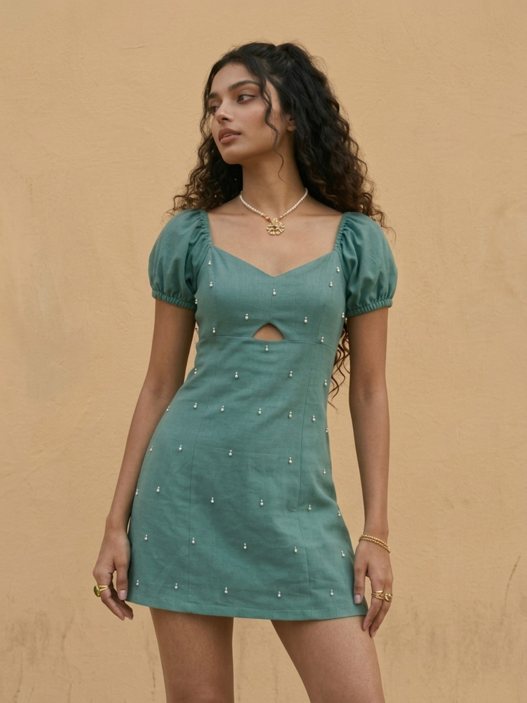 Pure Cotton Embellished A-Line Mini Dress