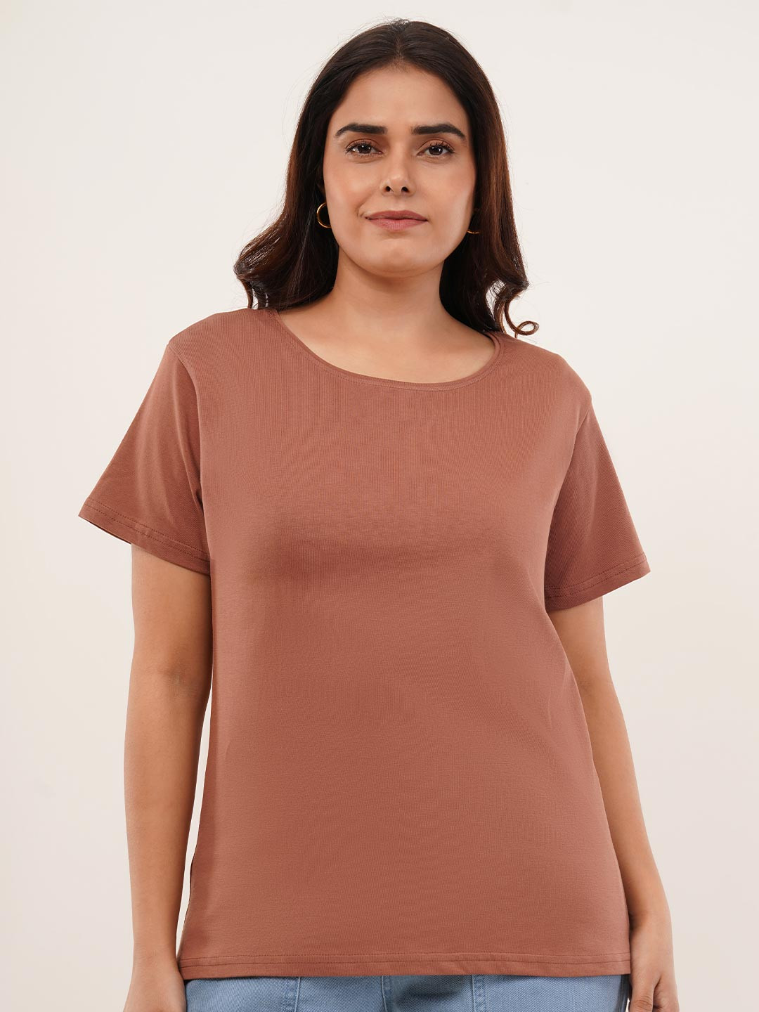 GlamZei Women Brown Solid Cotton Long Sleeve Round Neck Regular T-Shirts