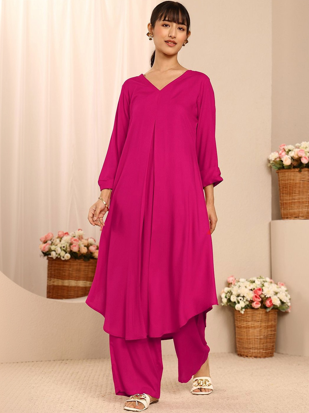 Libas Women Pink Solid Viscose Rayon A-Line Kurta Set
