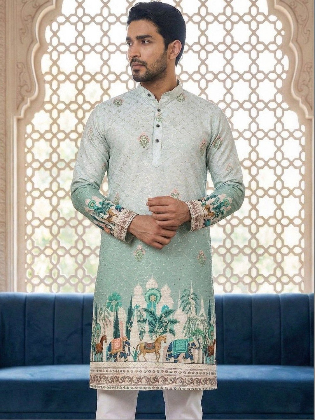Dincharya Men Ethnic Motifs Printed Sequinned Floral Kurta