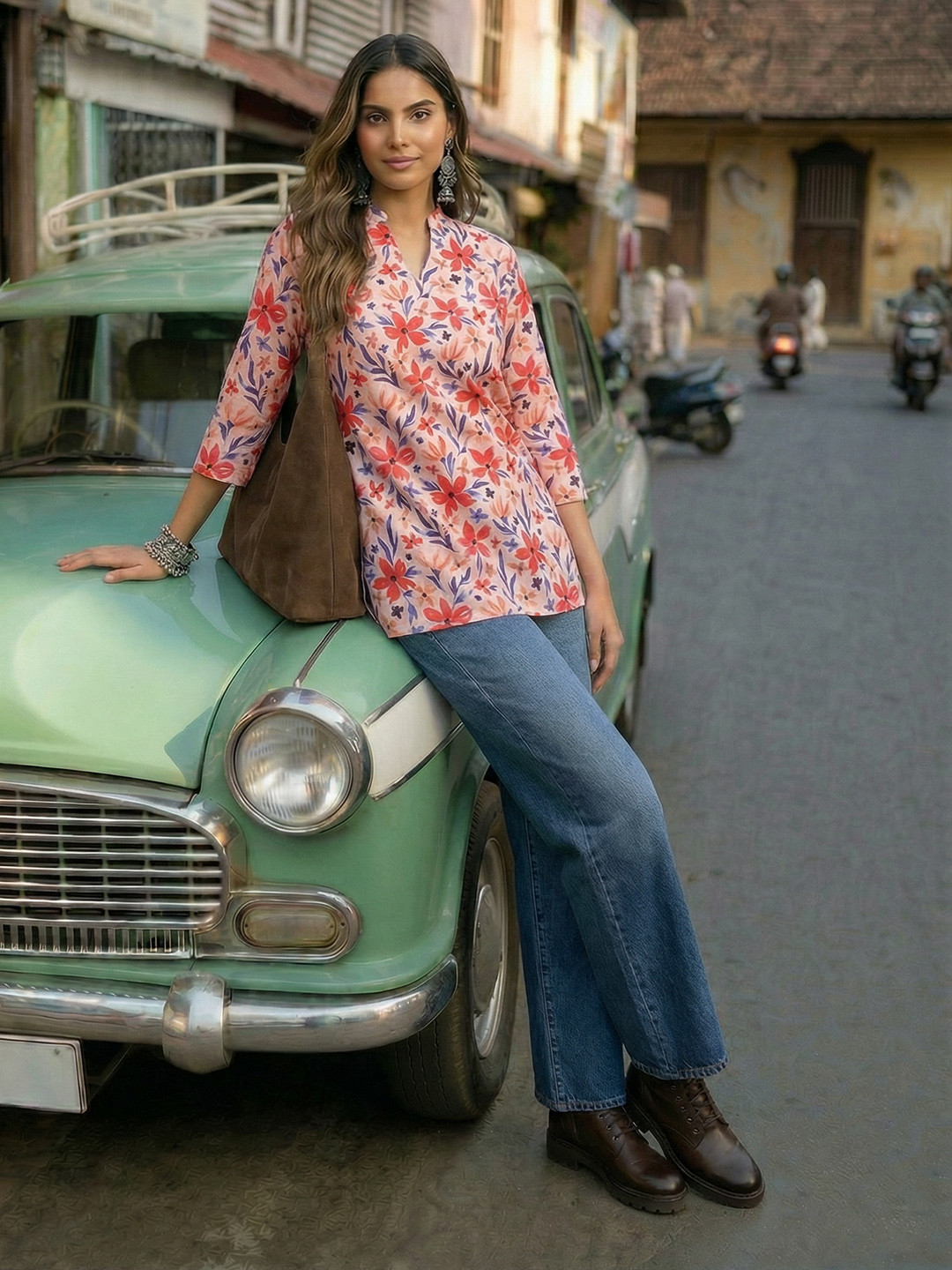 Anouk Rustic Floral Printed Mandarin Collar Straight Kurti