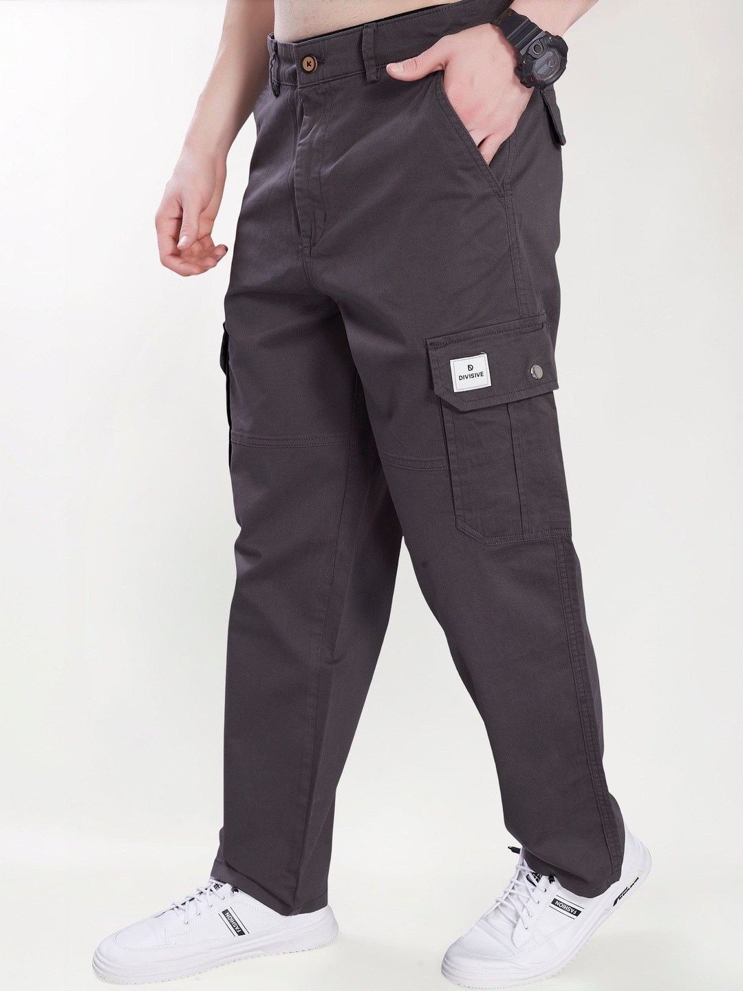 R.Code by The Roadster Life Co. Men Relaxed Straight Leg Easy Wash Cargos Trousers