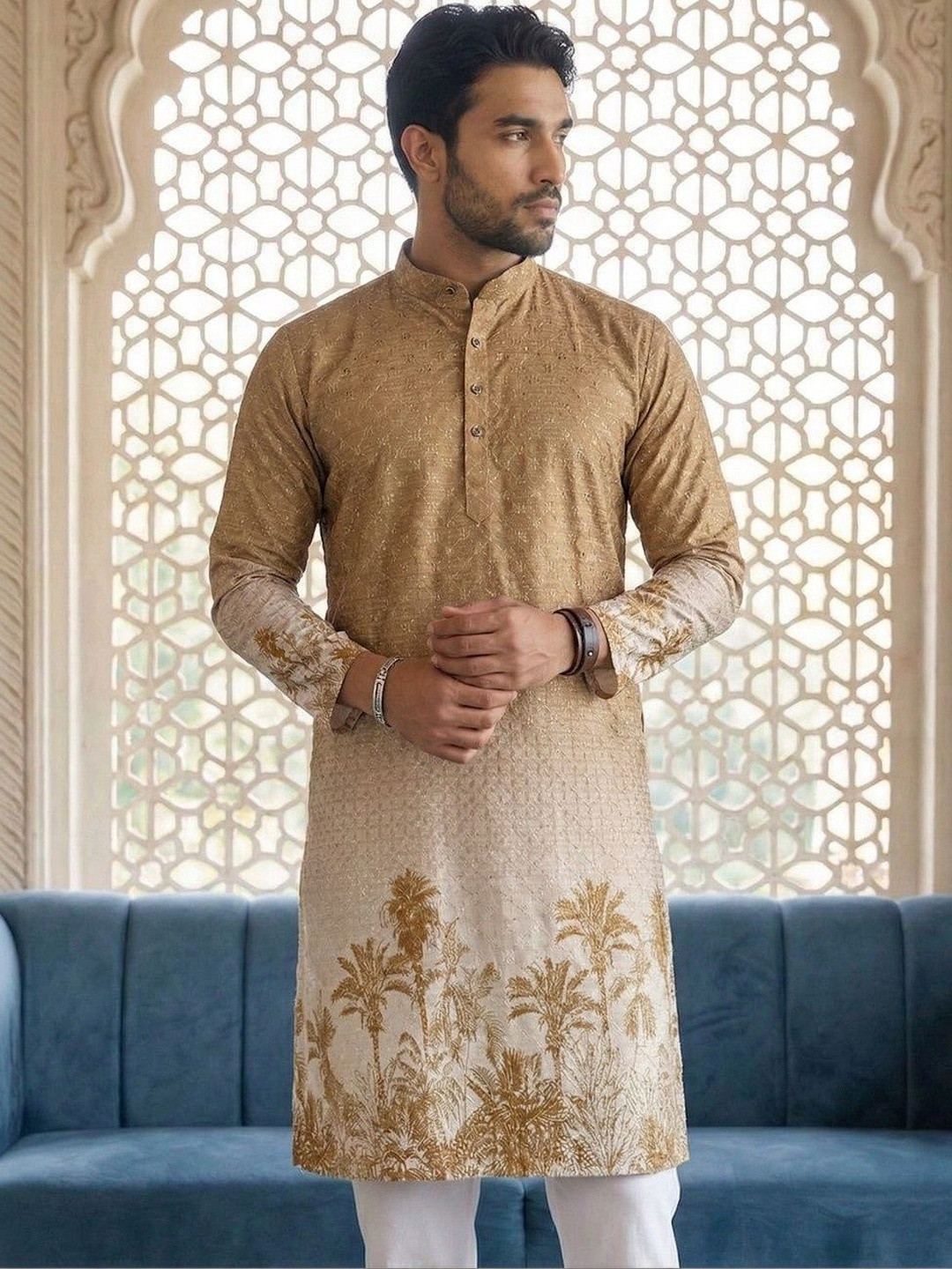 Dincharya Men Ethnic Motifs Printed Sequinned Floral Kurta