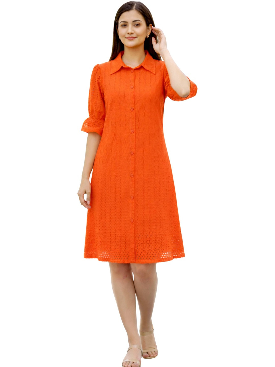 NUEVOSDAMAS Embroidered Puff Sleeve Fit & Flare Dress
