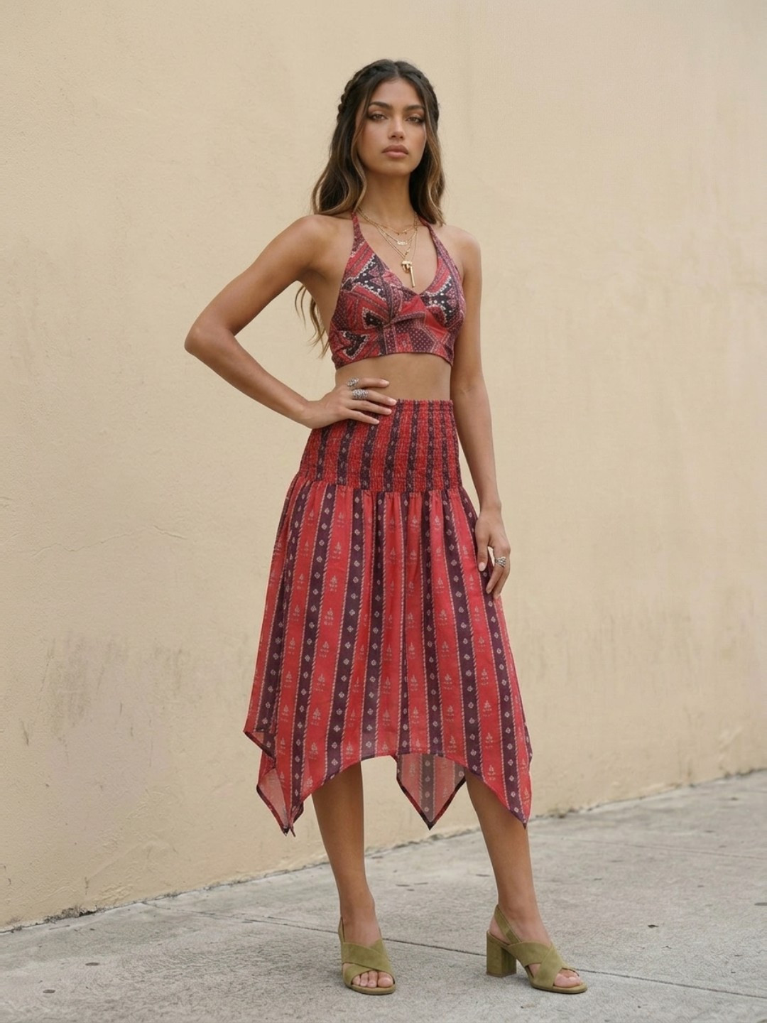 Geometric Printed Smocked Top and Skirt Co-Ords