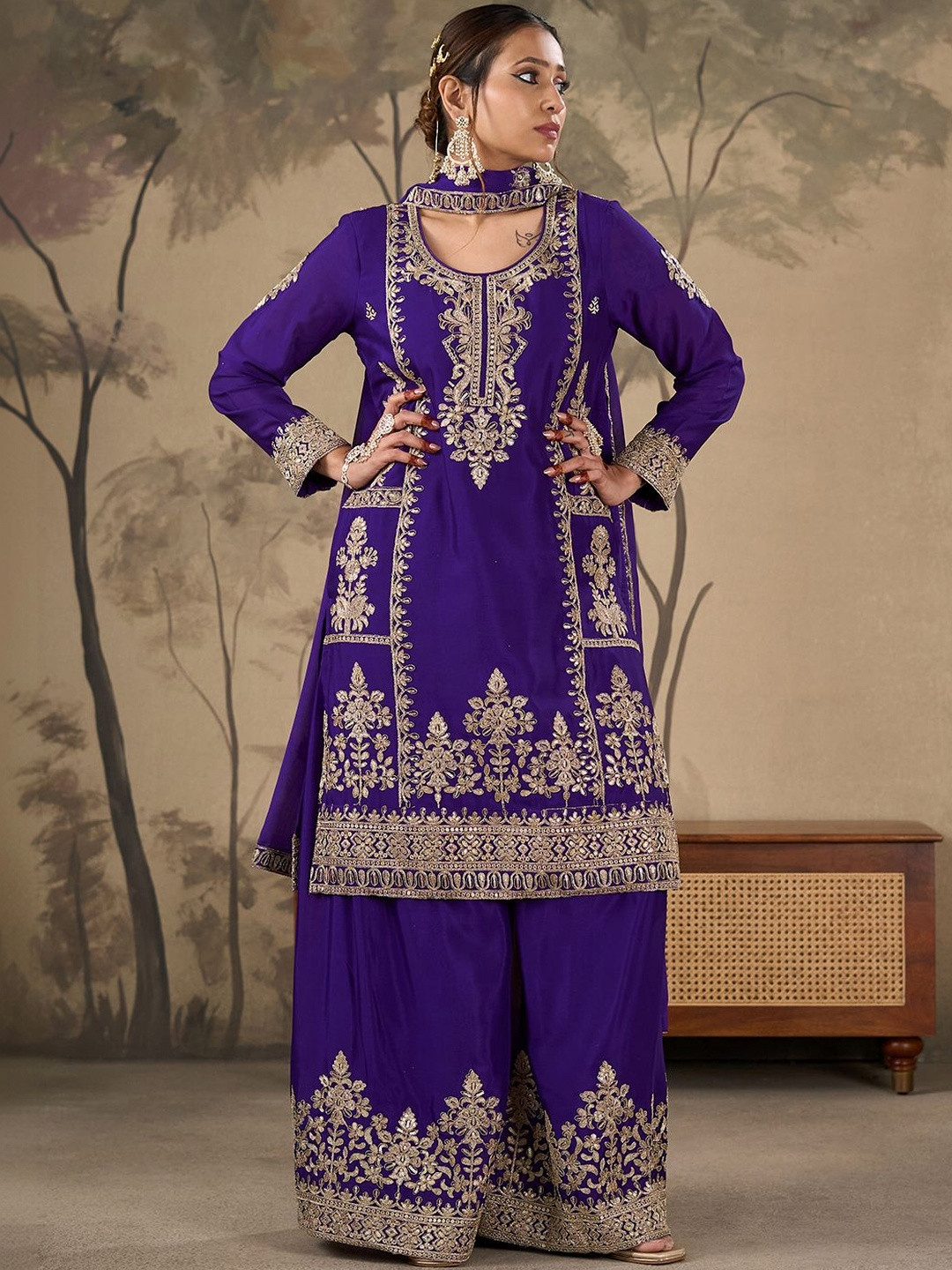House of Pataudi Embroidered Round Neck Kurta & Palazzos With Dupatta