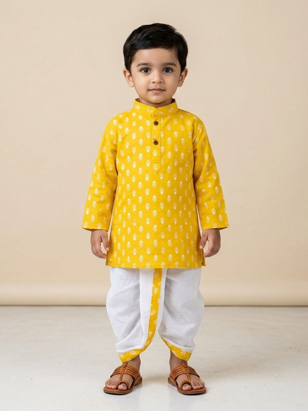 mustmom Boys Floral Printed Mandarin Collar Straight Kurta With Dhoti Pants