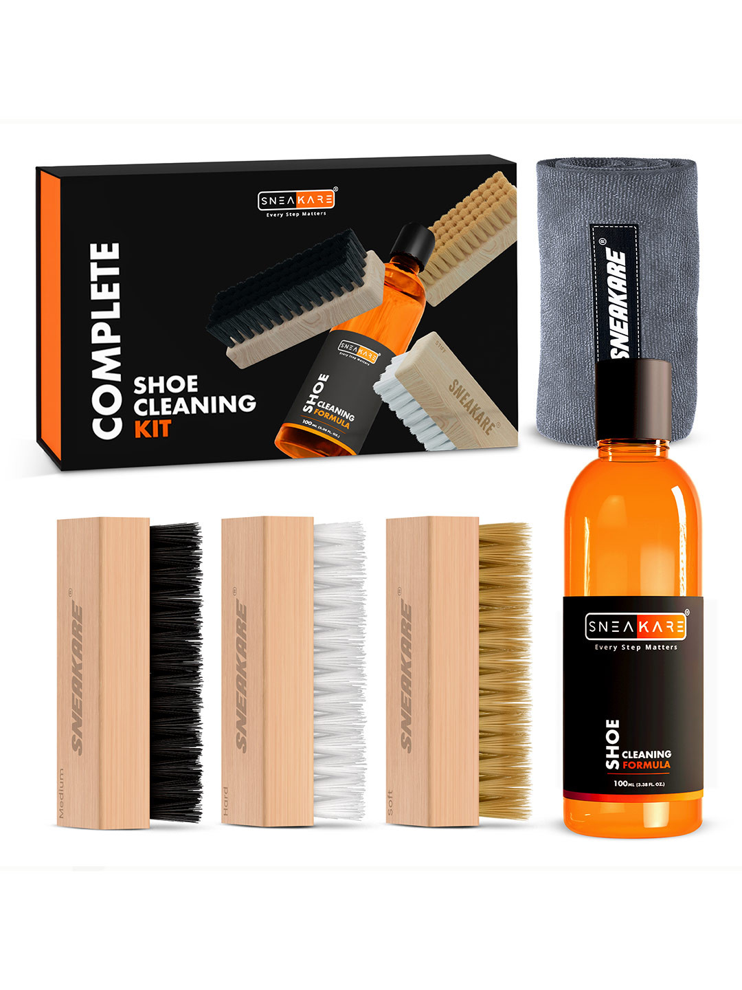 SNEAKARE Complete Shoe Cleaning Kit With Towel Cleaner 100ml 3 Brush For Sneaker Care