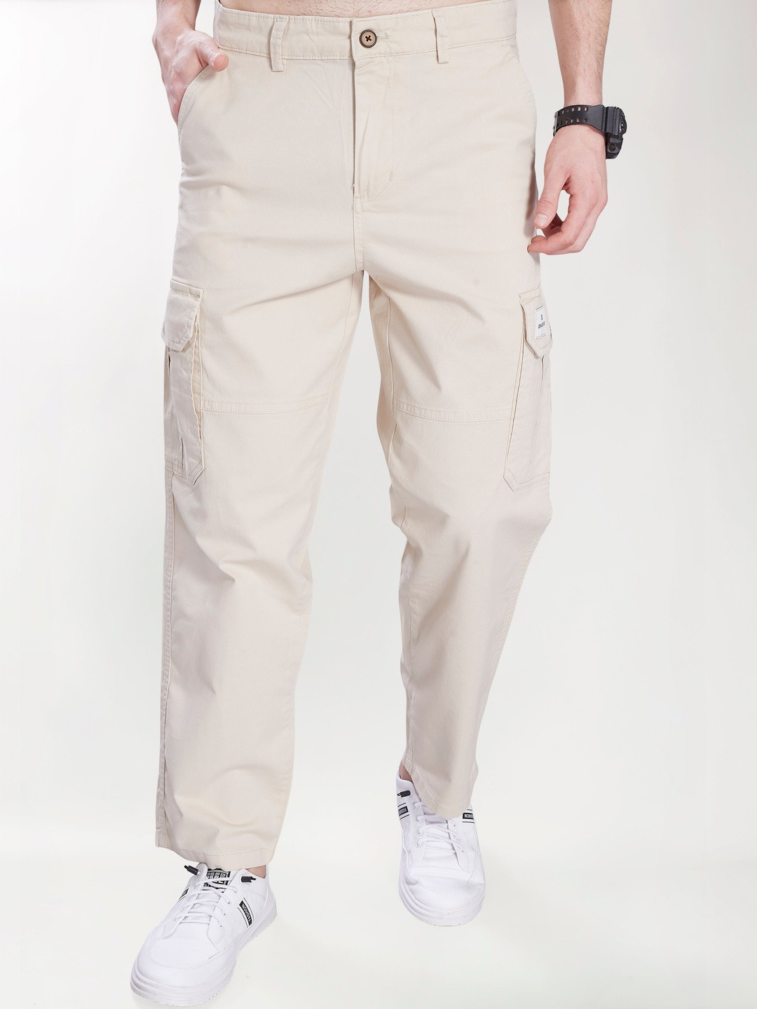 R.Code by The Roadster Life Co. Men Relaxed Straight Leg Easy Wash Cargos Trousers