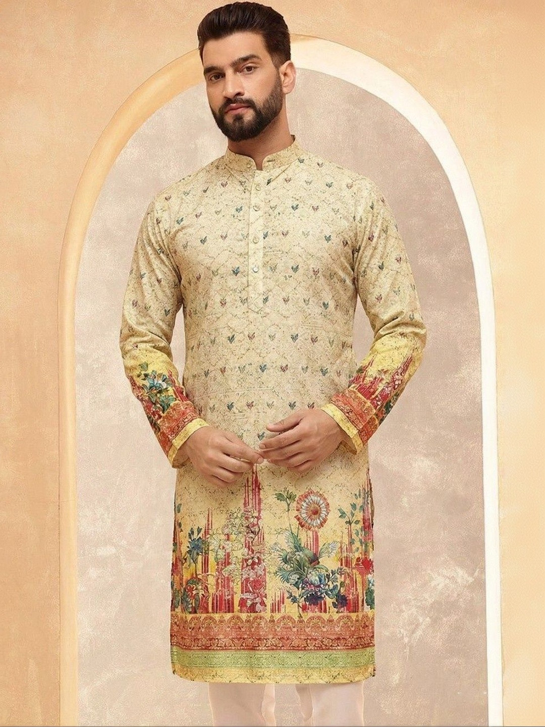 VELKYNOX Men Ethnic Motifs Printed Sequinned Floral Kurta