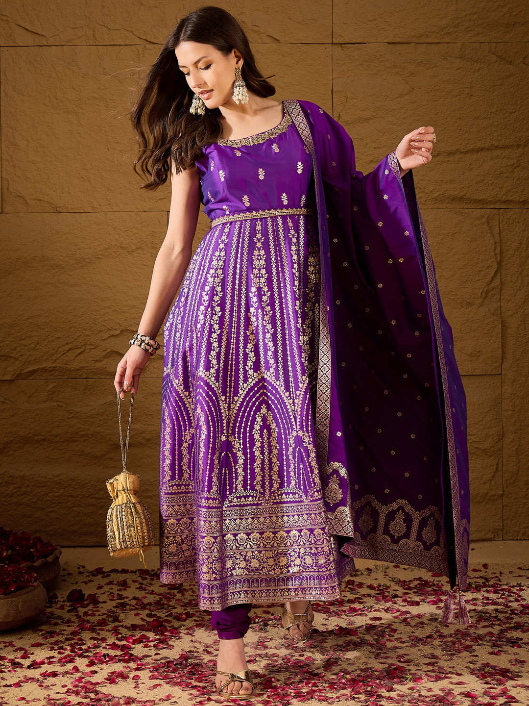 House of Pataudi Woven Design Kurta & Churidar With Dupatta