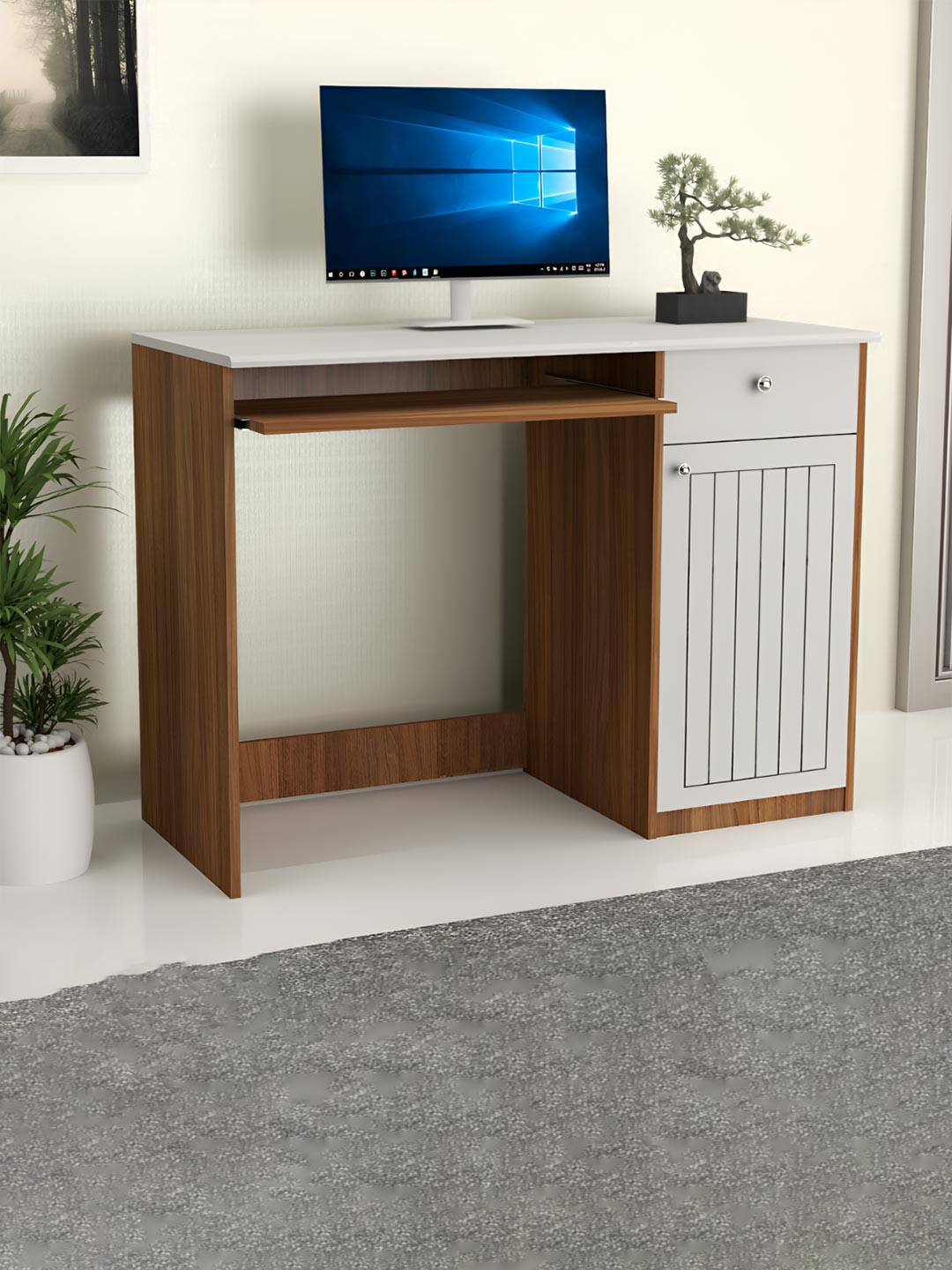 neuspace Brown & White Engineered Wood Study Table With Storage Cabinet & Drawer