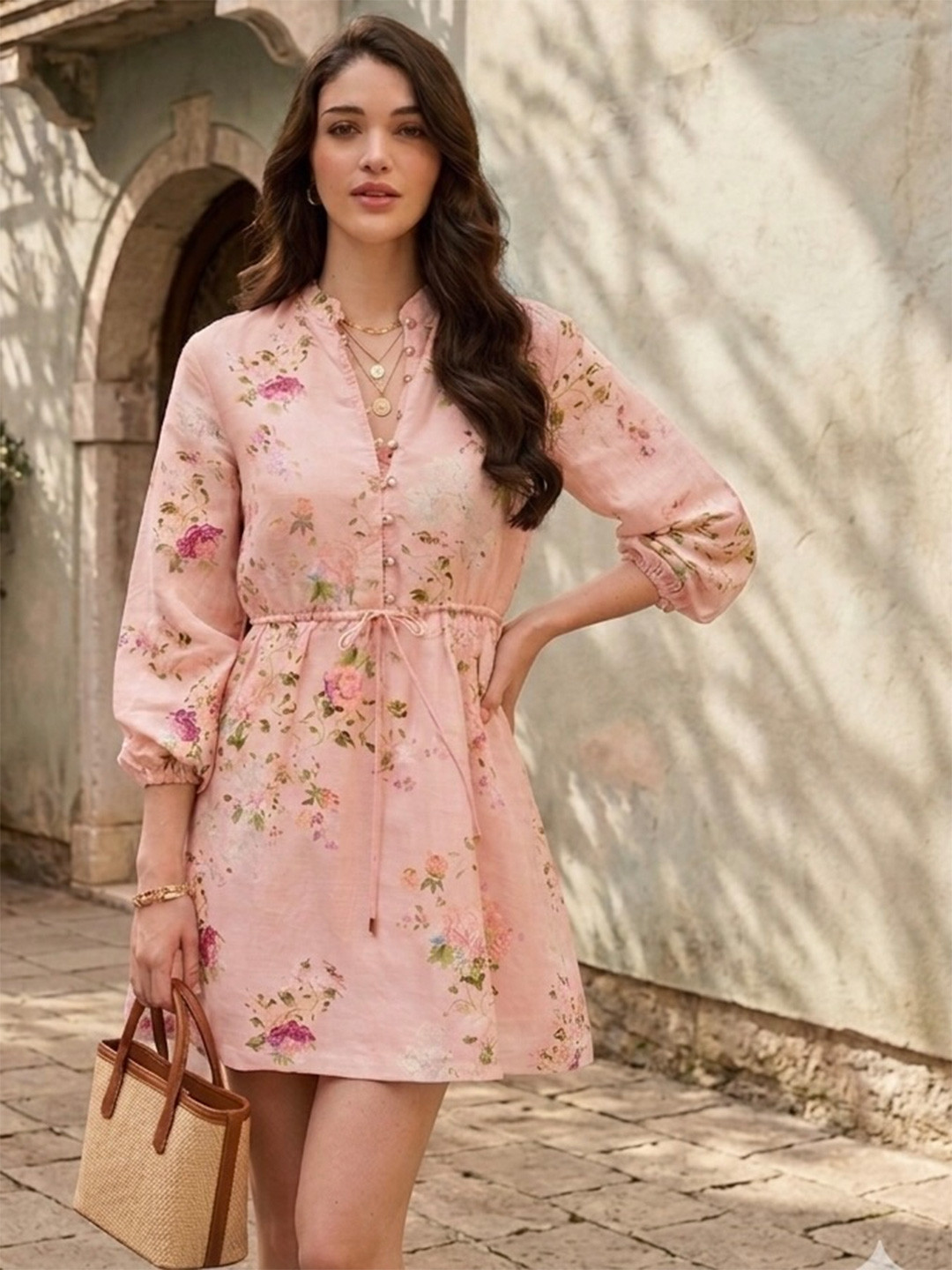 KUSHNI Floral Print Linen A-Line Mini Dress
