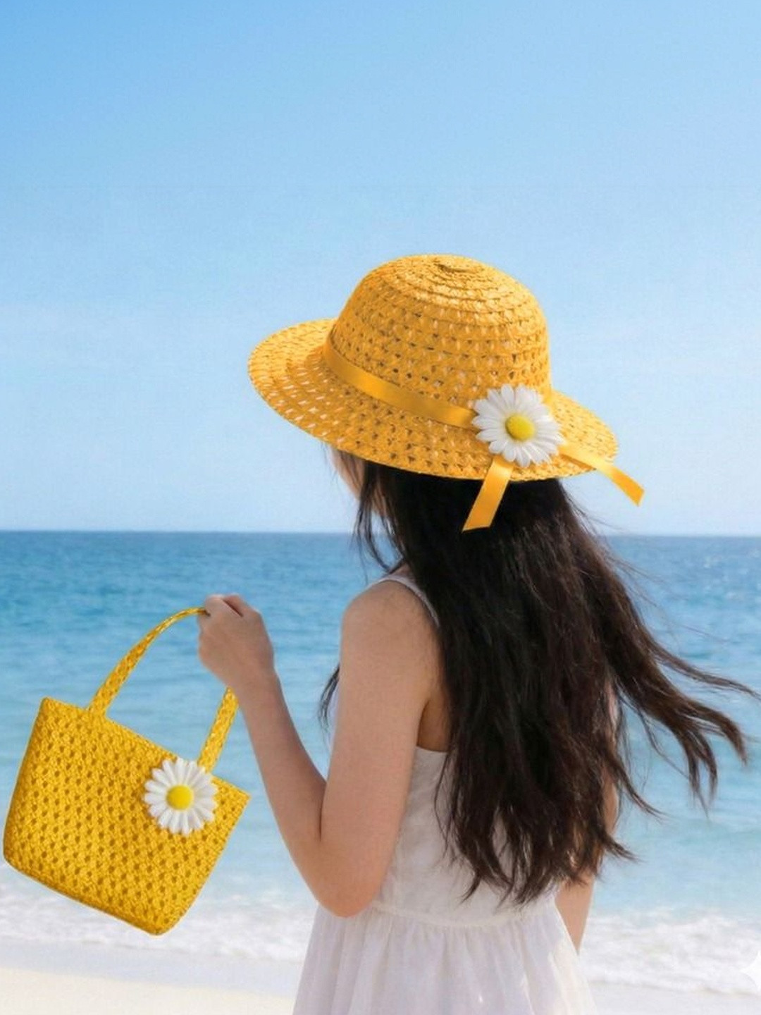 Babymoon Set of 2 Baby Girls Sunflower Straw Sun Hat With Sling Purse Handbag