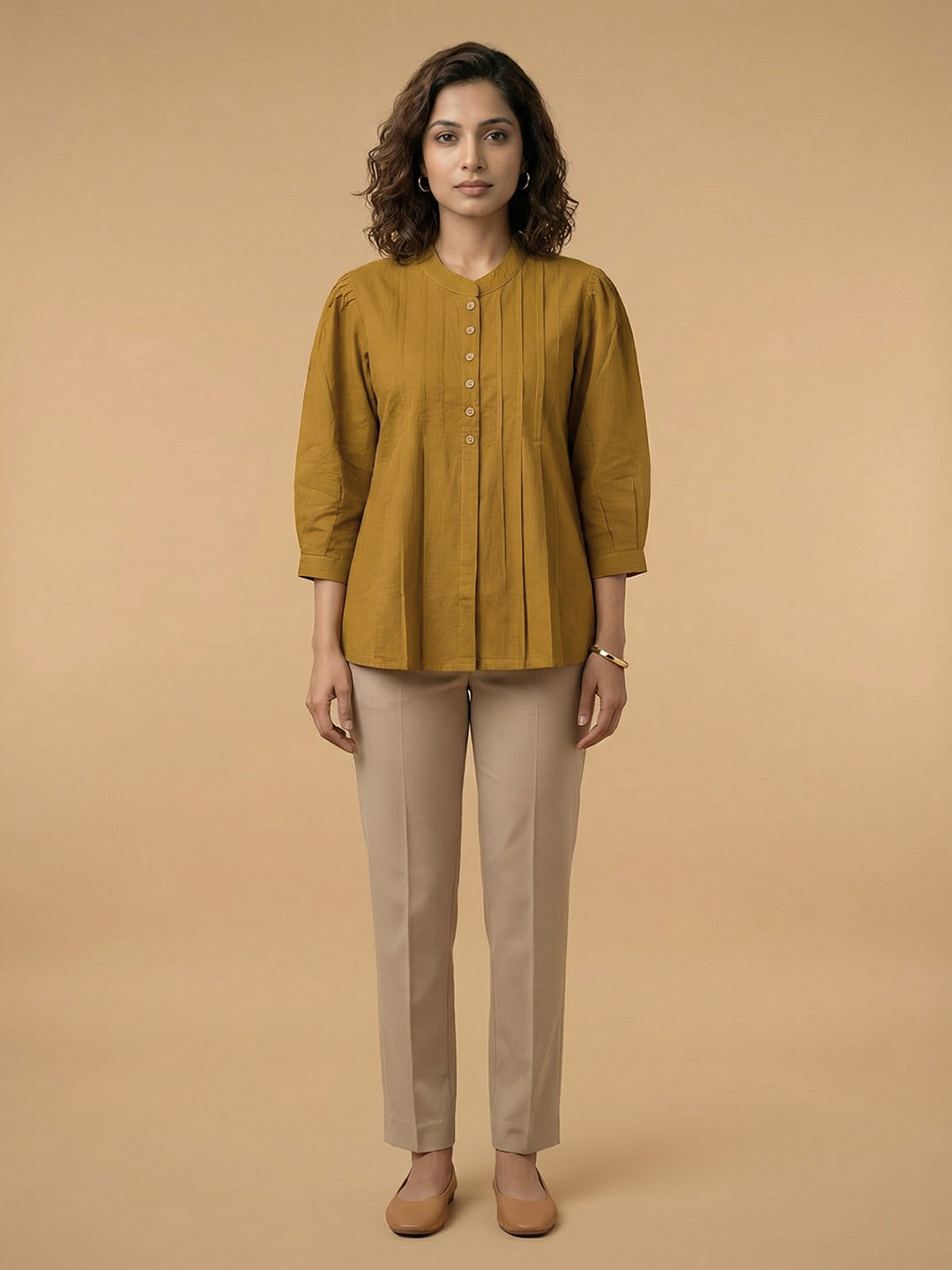 ZNKL Mandarin Collar Puff Sleeve Cotton Top