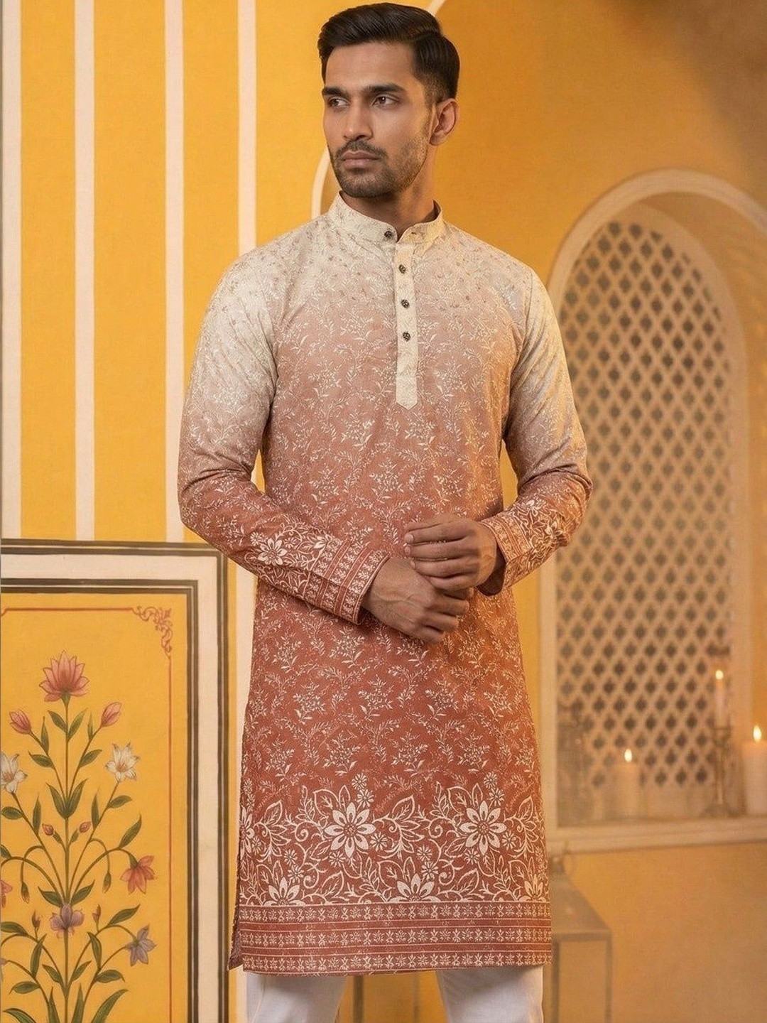 Dincharya Men Ethnic Motifs Printed Sequinned Floral Kurta