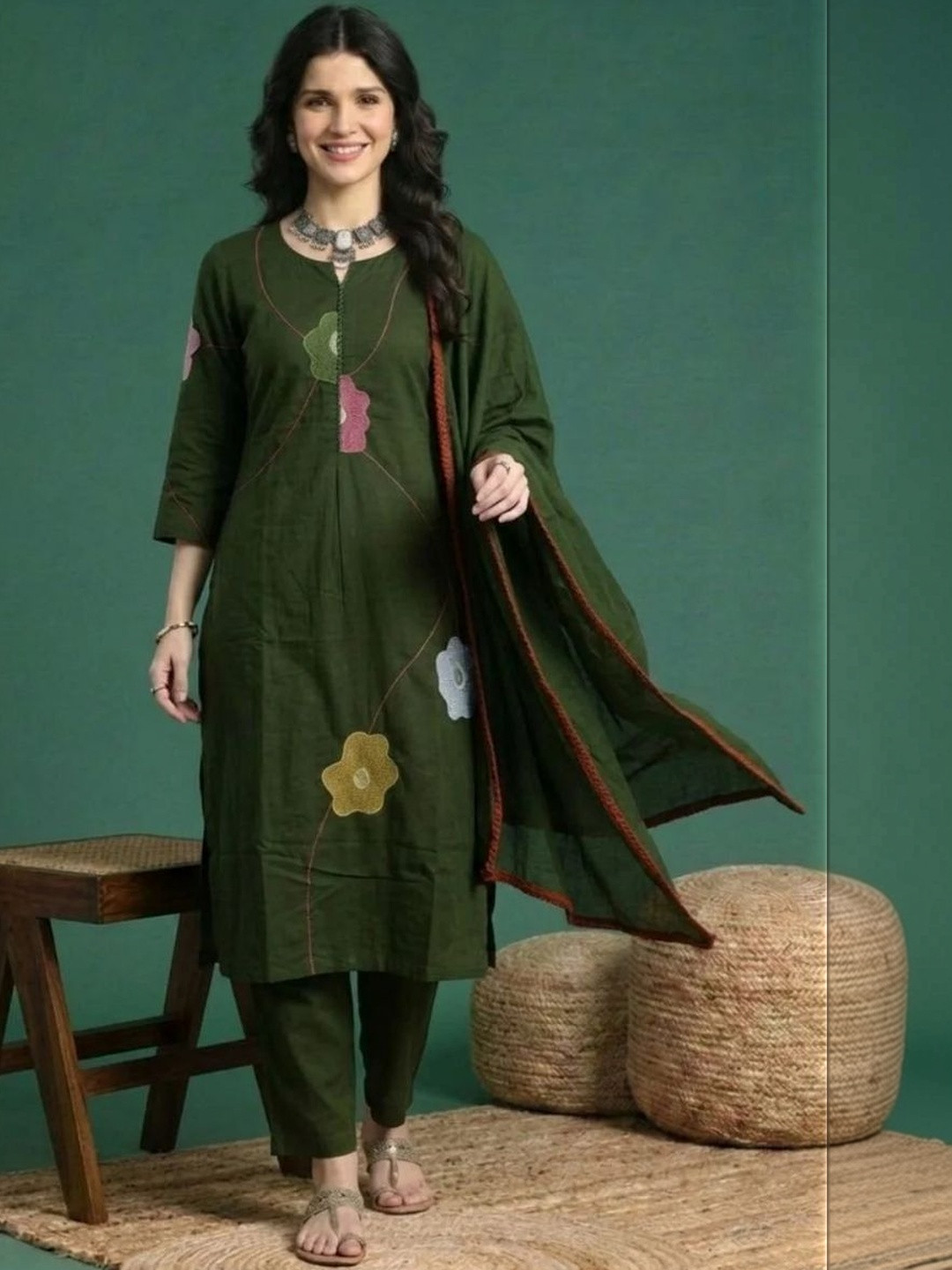 Sangria Embroidered Cotton Round Neck Kurta & Trousers With Dupatta