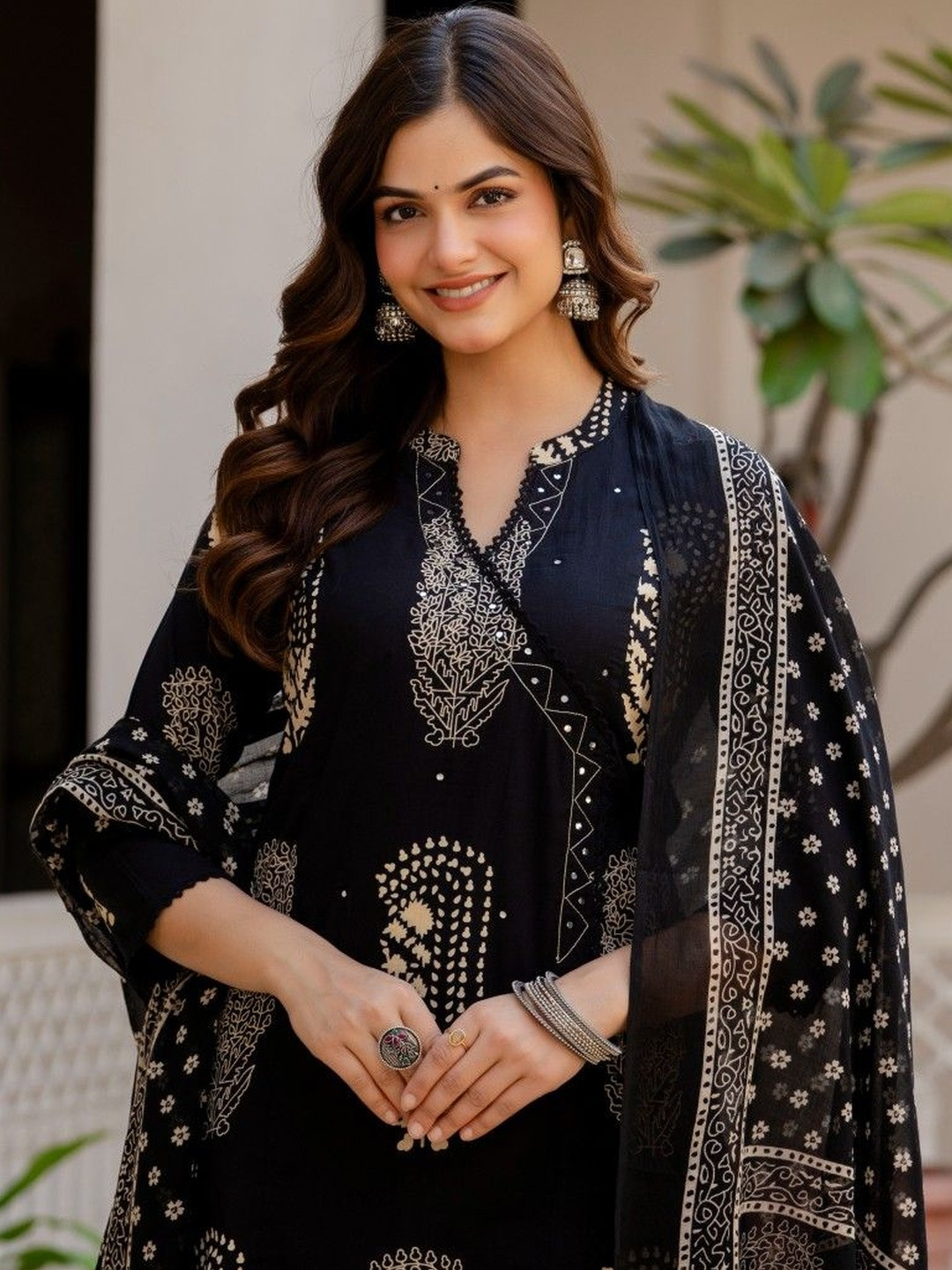 Anouk Women Floral Printed Regular Mirror Work Pure Cotton Kurta with Palazzos & With Dupatta