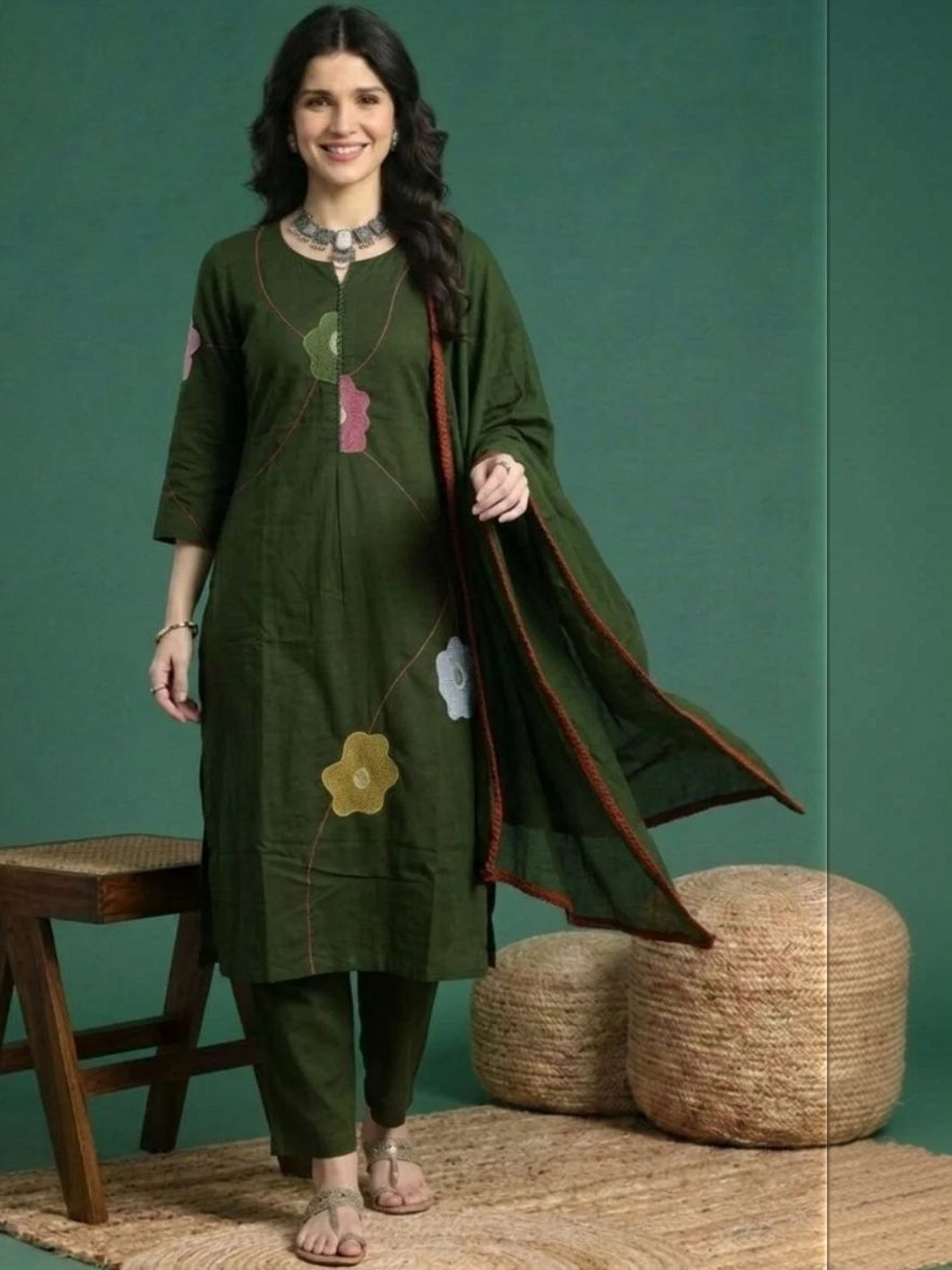 Sangria Embroidered Cotton Round Neck Kurta & Trousers With Dupatta