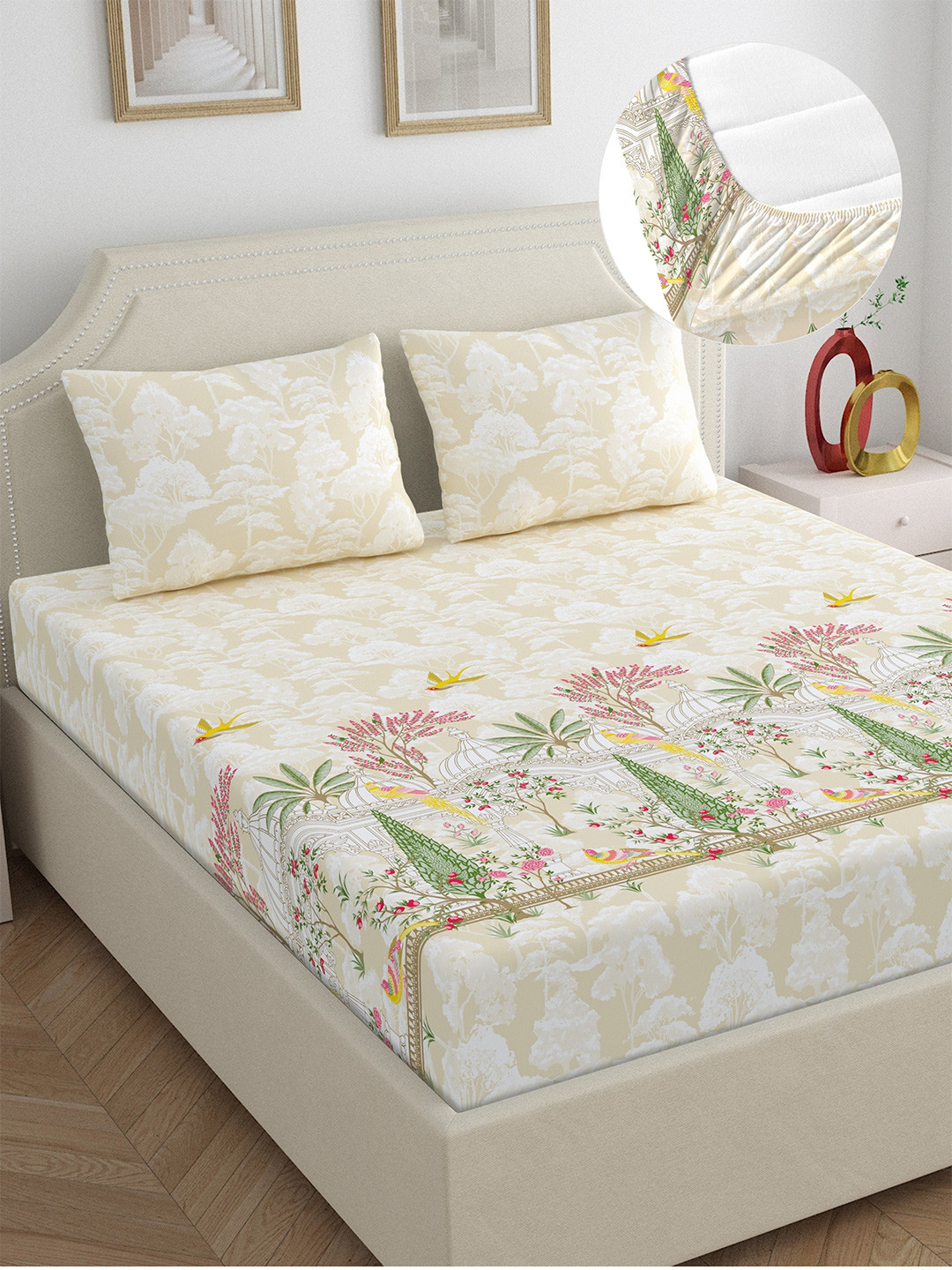 Home Ecstasy Beige Pure Cotton 140TC King Fitted Bedsheet with 2Pillow Covers 72x78 Inches