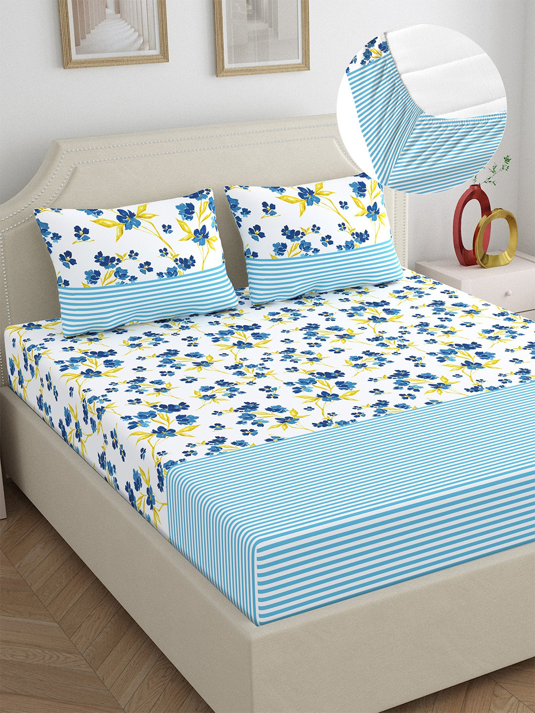 Home Ecstasy Blue Pure Cotton 140TC King Fitted Bedsheet with 2 PillowCover Size72x78Inch