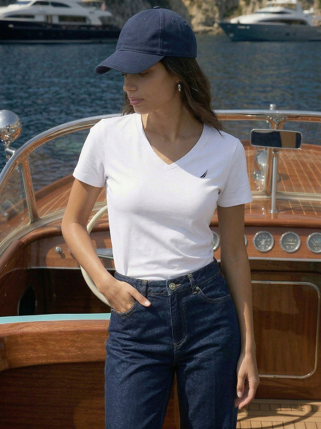 Nautica Slim Fit Brand Logo Embroidered V-Neck T-shirt