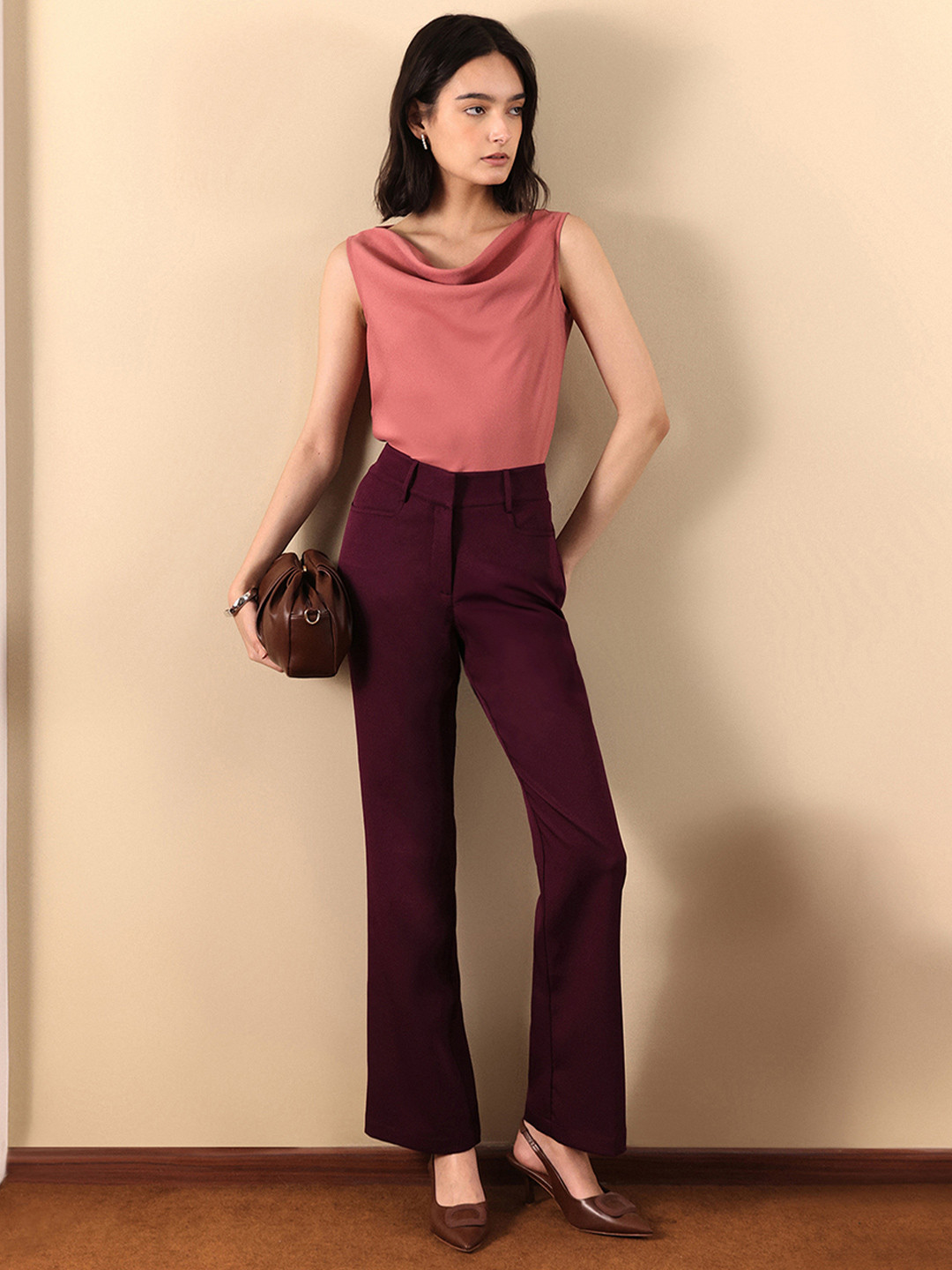 FABLE STREET Burgundy Loose Fit Solid Bootcut Trousers