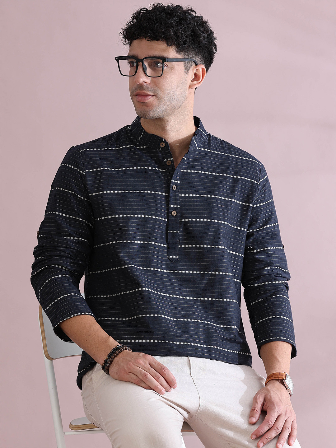FILORI STUDIO Men Navy Blue Dobby Kurta
