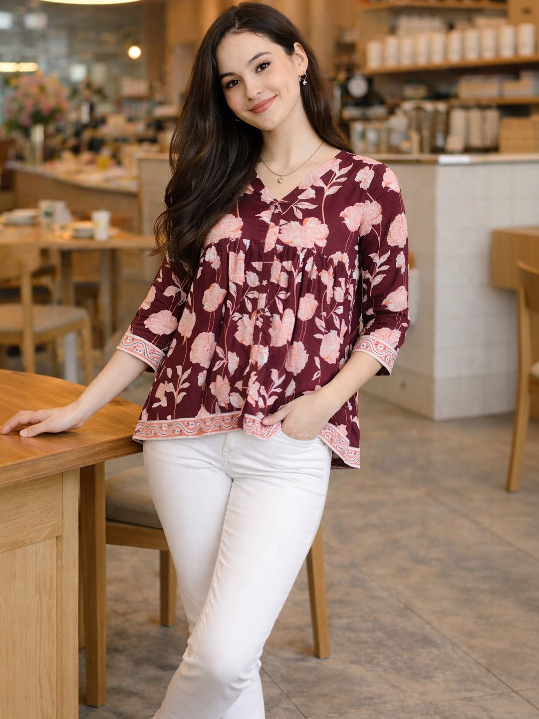 Merira Floral Print Ethnic Cotton Blend Peplum Top