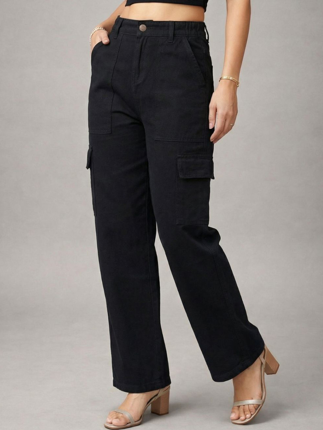 GlamZei Women Black Pure Cotton Relaxed Fit High-Rise Stretchable Denim Cargo Jeans