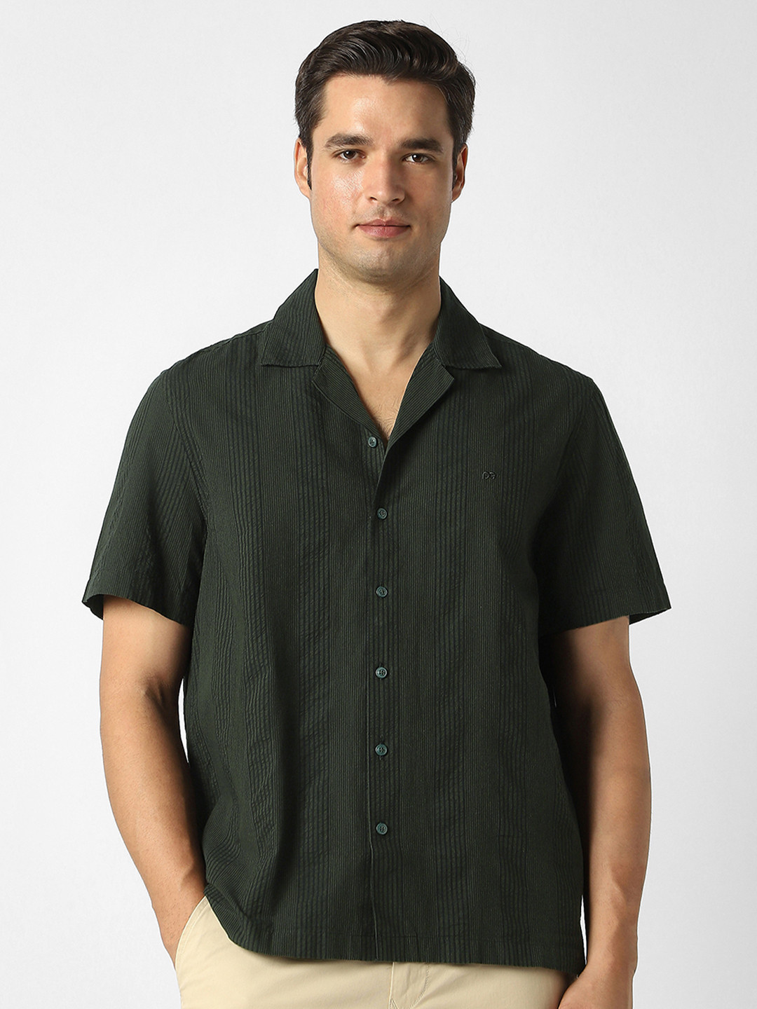 Peter England Casuals Men Textured Cuban Collar Pure Cotton Casual Shirt