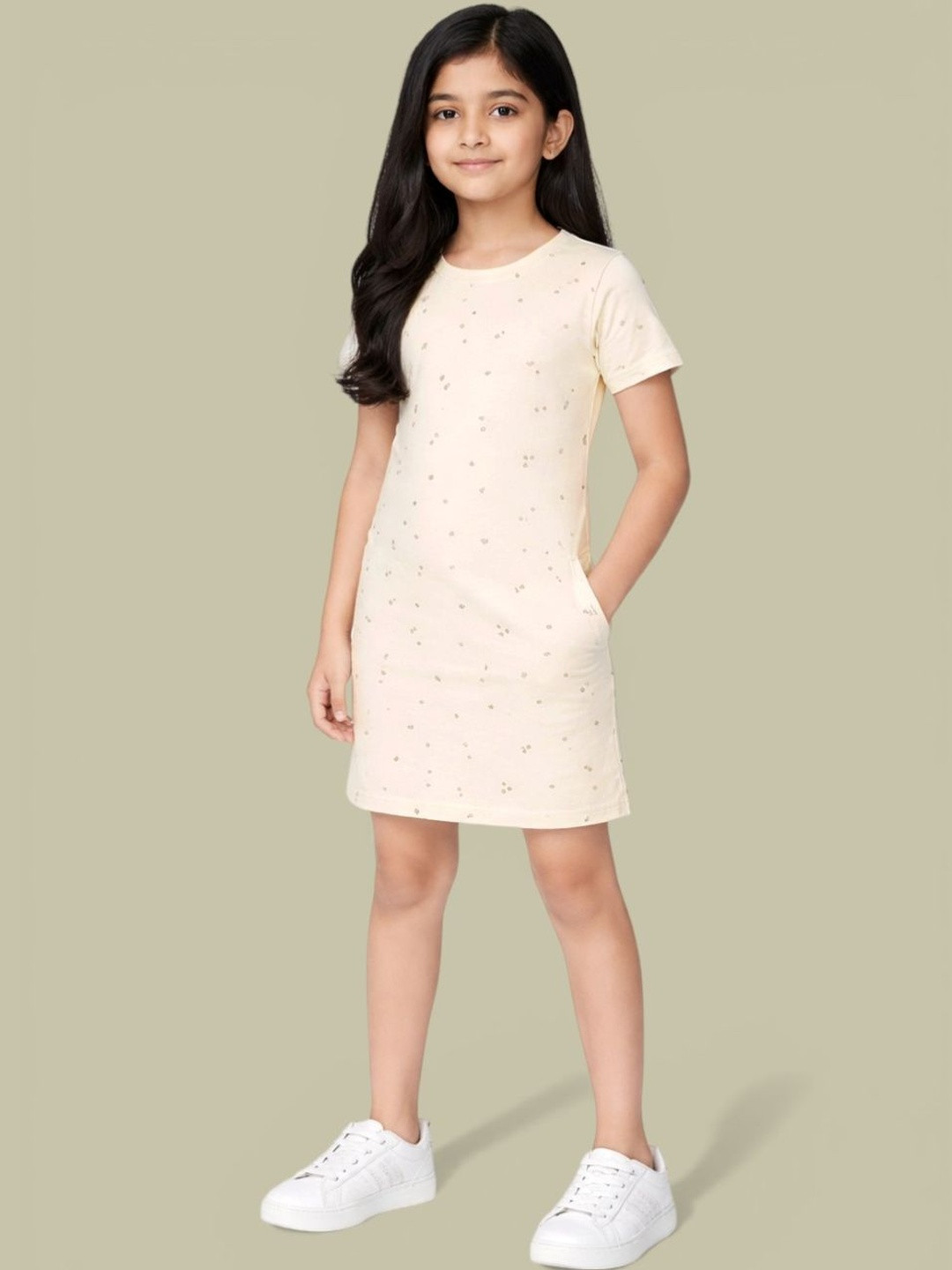 CHILINS Girls Off White Printed Round Neck Casual Dress
