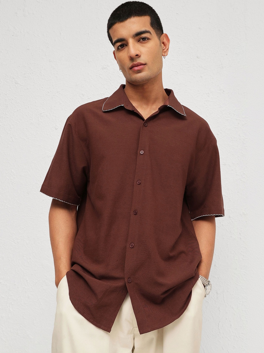 MASCLN SASSAFRAS Brown Linen Thread Detail Relax Fit Short Sleeve Shirt