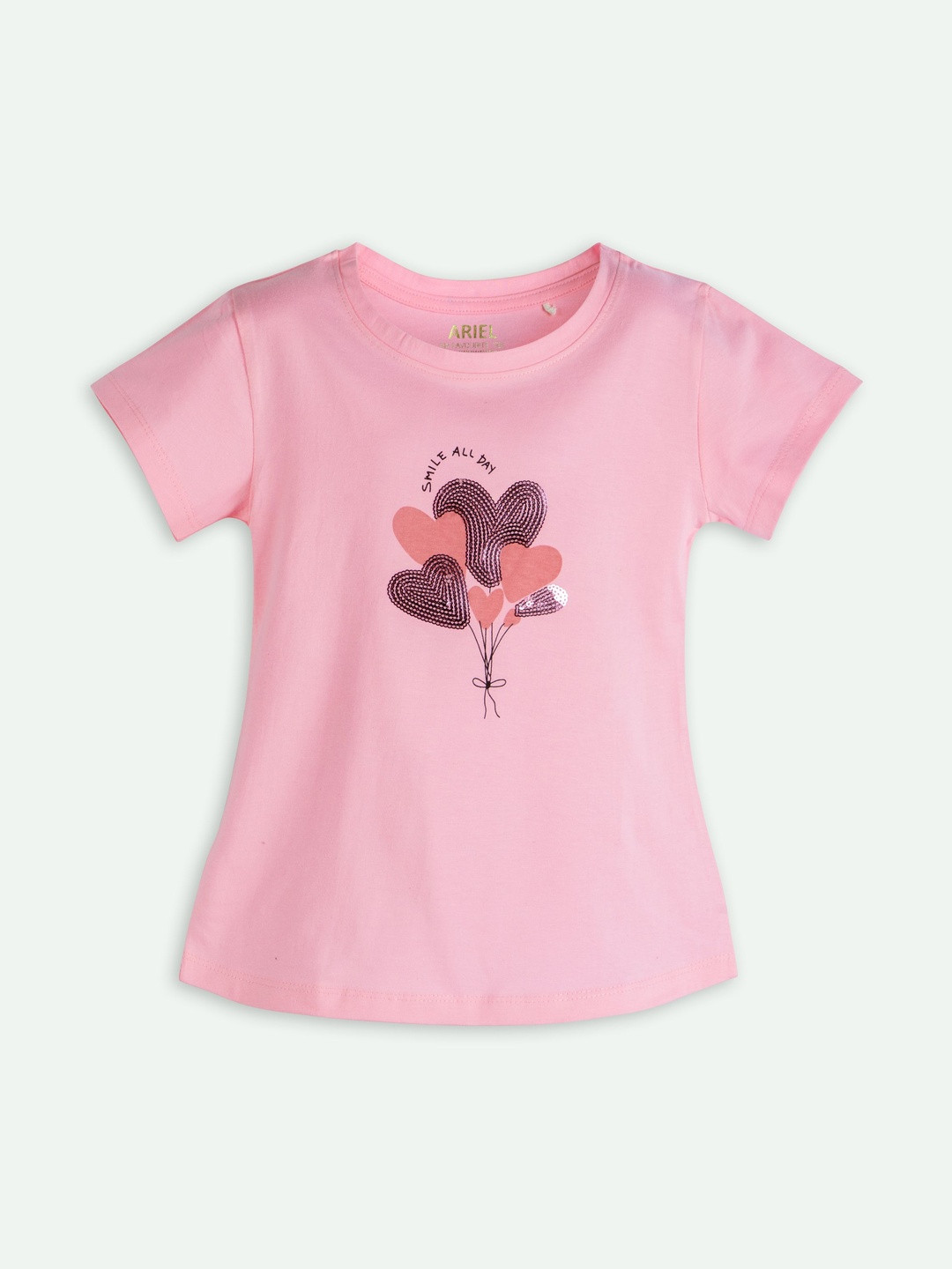 ariel Girls Printed Sequined Pure Cotton T-shirt