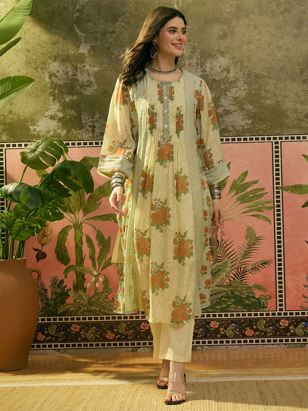 Sangria Printed Round Neck Kurta & Trousers