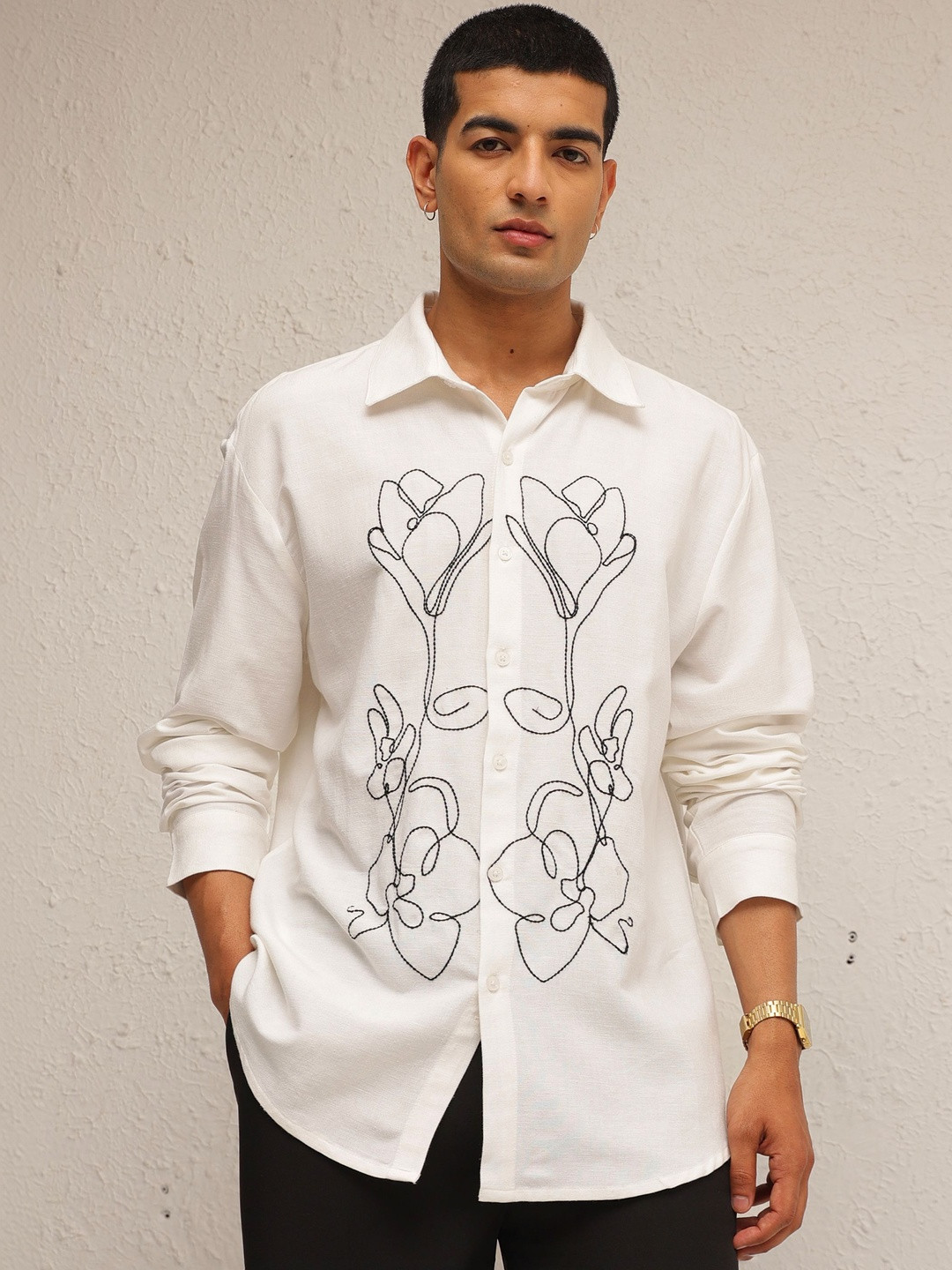 MASCLN SASSAFRAS White Linen Flower Embroidery Relax Fit Full Sleeve Shirt