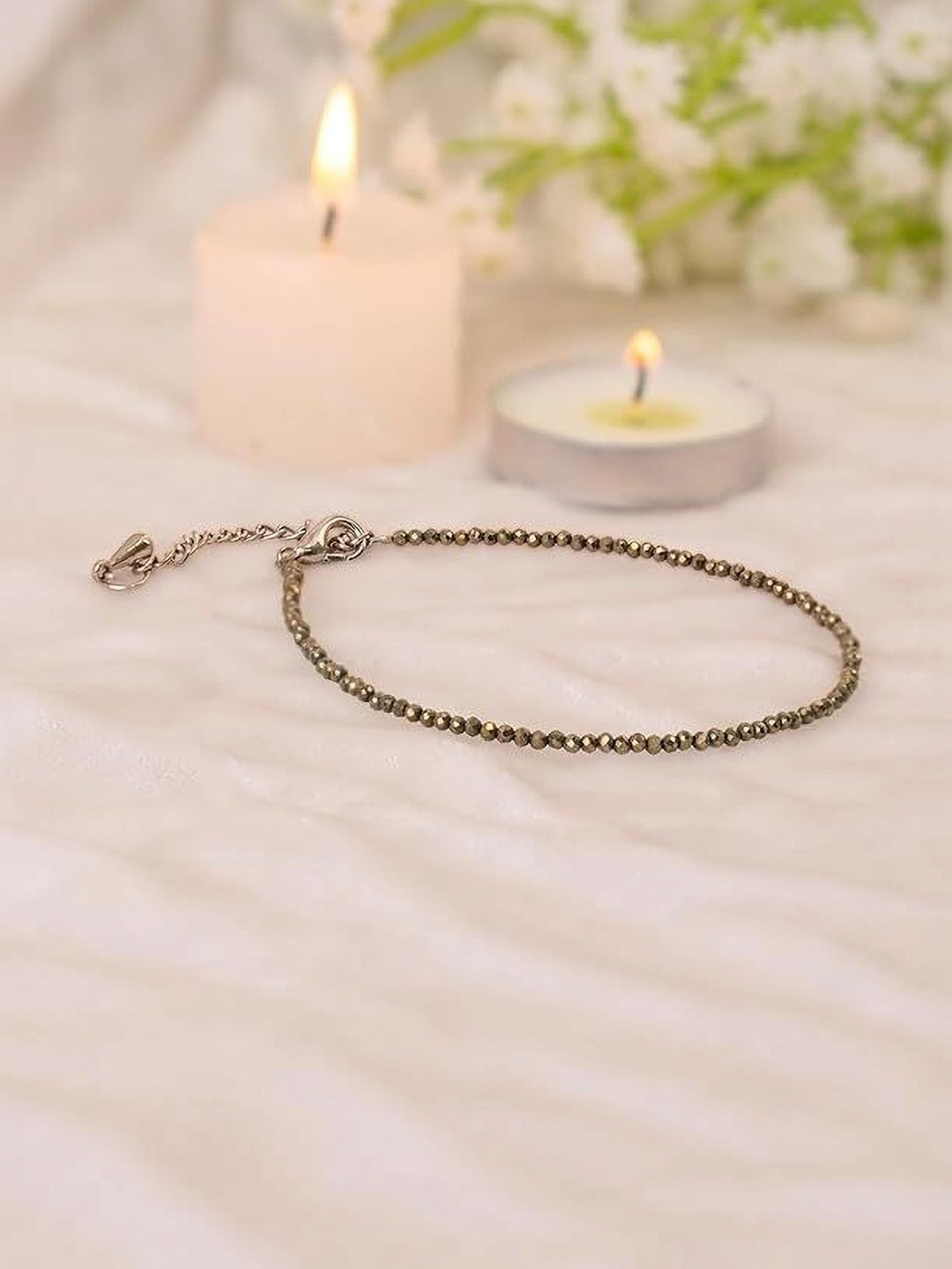 HEALINGGEMS Women Metallic Pyrite Faceted Micro Bead Adjustable Chain Bracelet