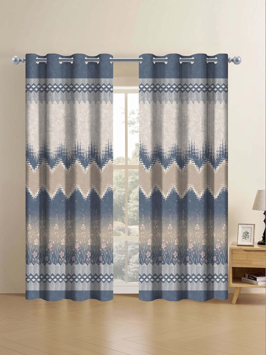 Aura Polyster Grey 2 Pcs Floral Abstract Door Curtains (7 x 4) ft