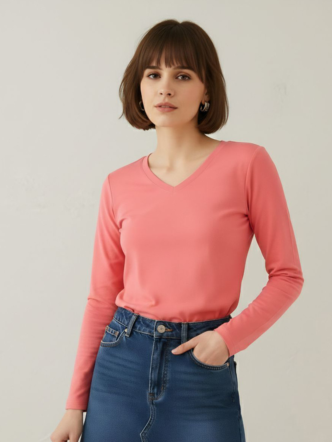 GlamZei Women Coral Pink Solid Cotton Long Sleeve V-Neck Casual T-Shirts