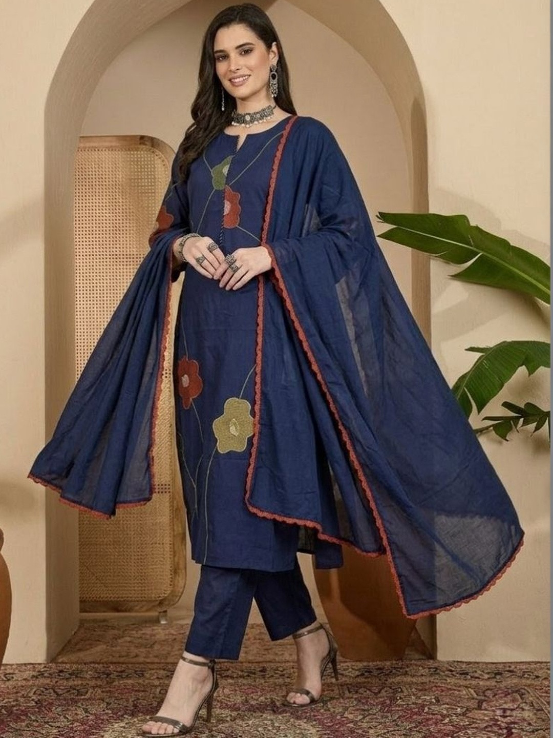 Sangria Printed Cotton Round Neck Kurta & Trousers With Dupatta