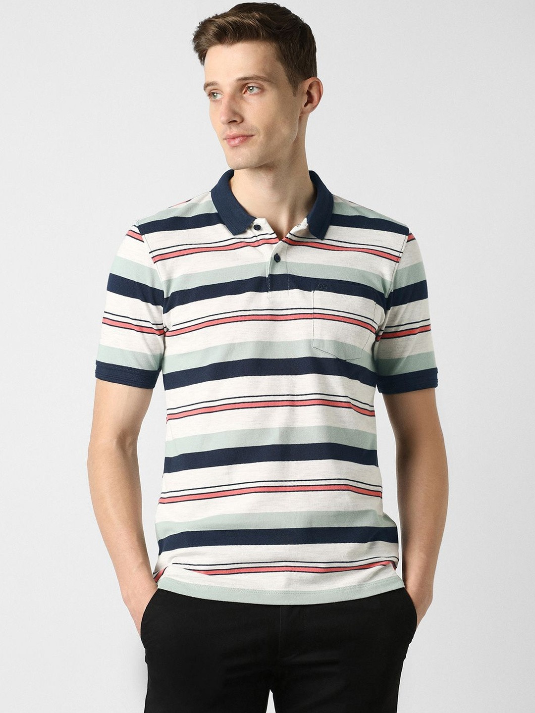 Peter England Casuals Men Striped Polo Collar T-shirt