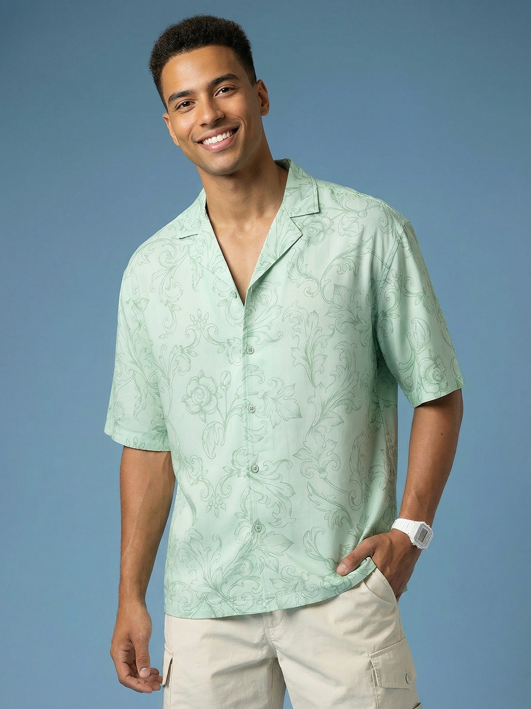 HERE&NOW Floral Print Drop-Shoulder Sleeves Cuban Collar Relaxed Fit Casual Shirt