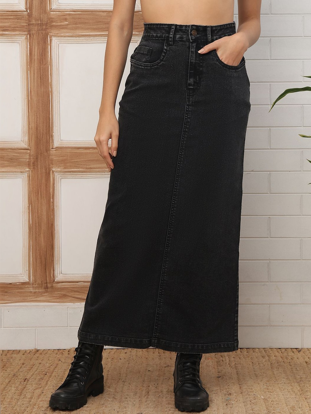 DOZER Women Denim Blend Back Slit Maxi A-Line Skirt