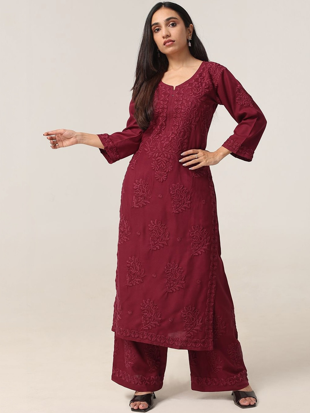 colorkosh Women Maroon Floral Embroidered Regular Chikankari Kurta with Palazzos Set