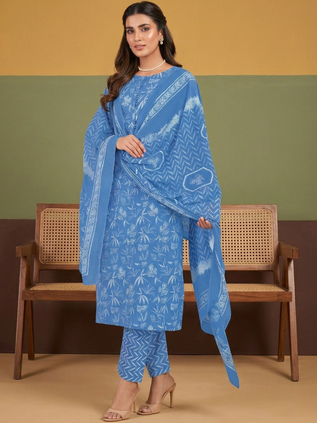 Sangria Printed Cotton Round Neck Kurta & Trousers With Dupatta