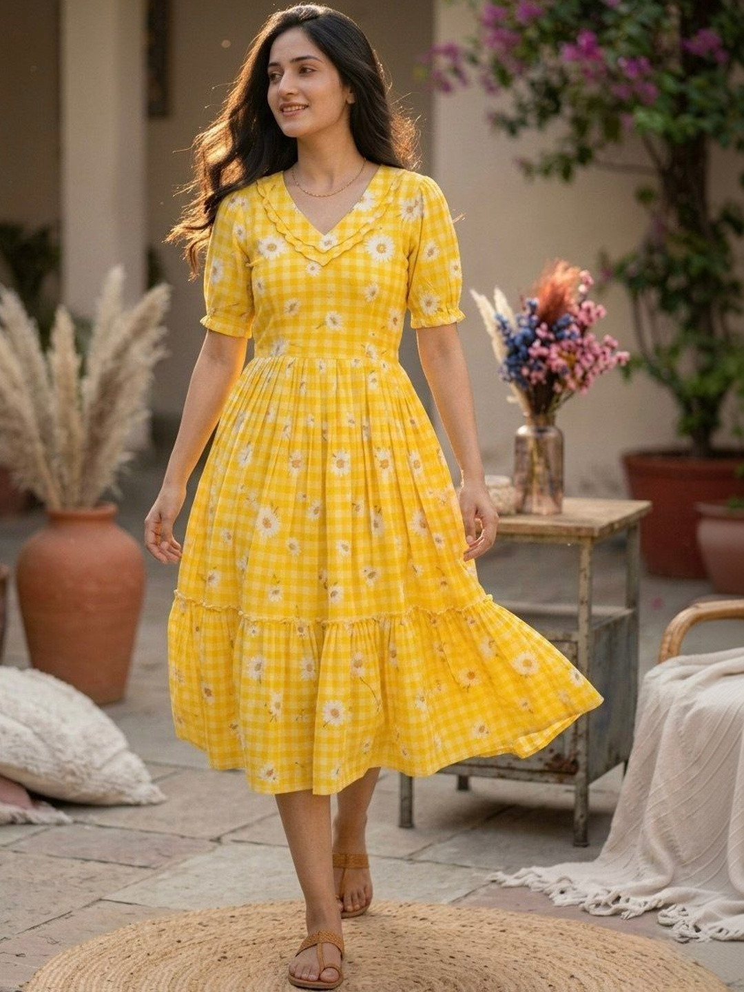 Livewear Floral Print Puff Sleeve A-Line Midi Dress