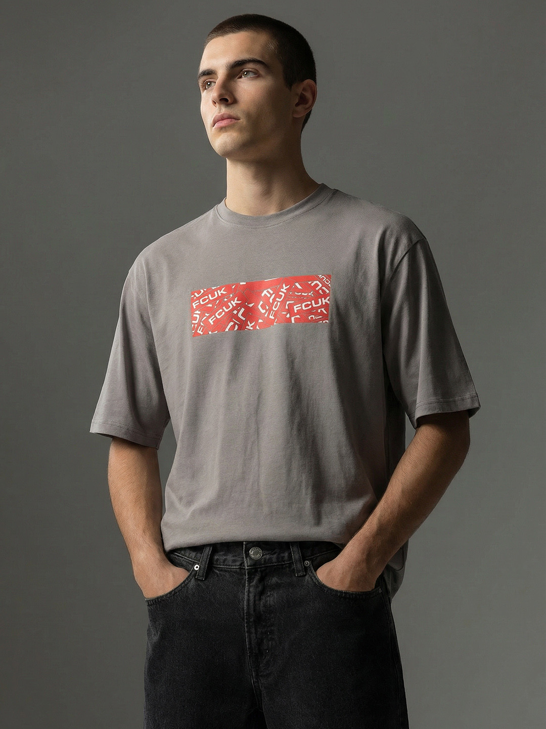 FCUK Brand Logo Printed Drop-Shoulder Sleeves Oversized Pure Cotton T-shirt