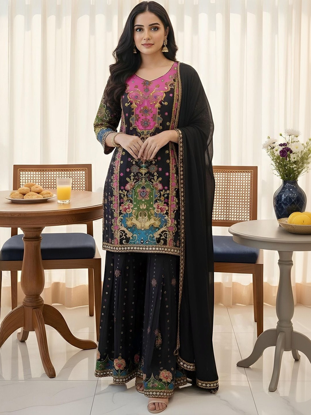 HBJ FASHION Women Printed Regular Mirror Work Kurta with Sharara & With Dupatta