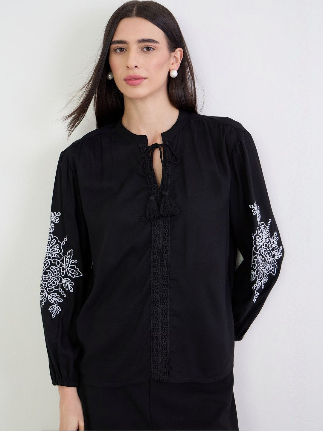 Styli Women Black Embroidered Tie-Up Neck Long Sleeves Regular Fit Blouse