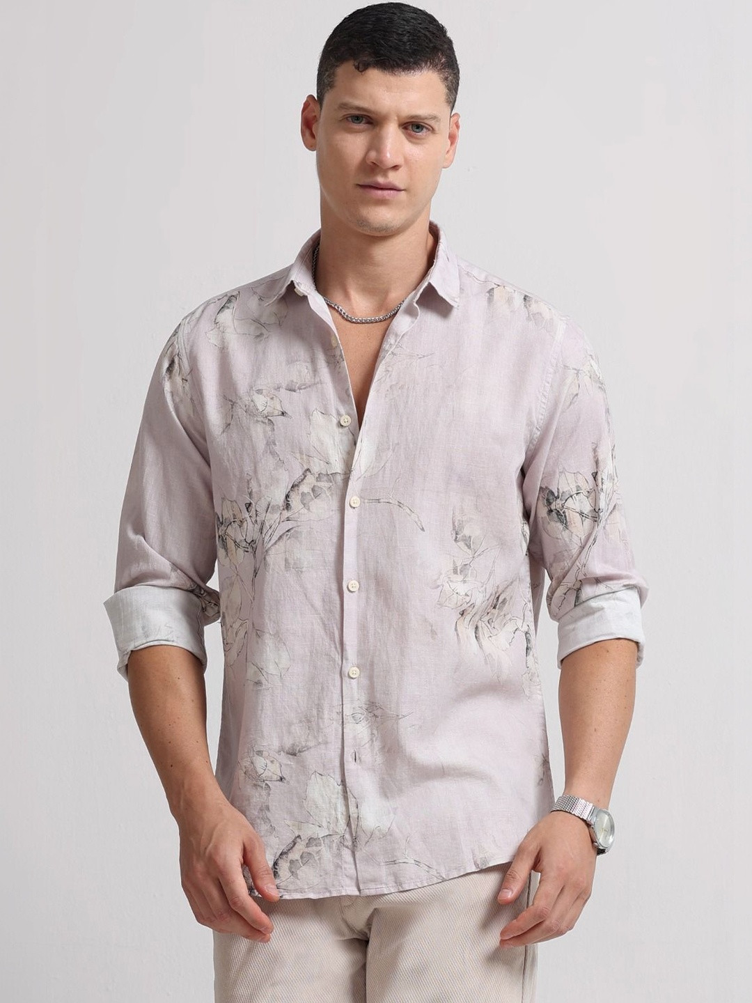 Blu MNKY Slim Fit Long Sleeves Printed Pink Casual Cotton Linen Shirt for Men